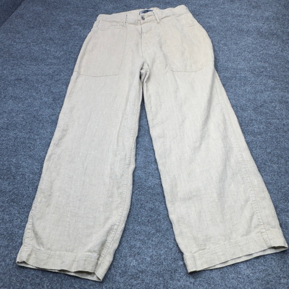 Vintage Polo Ralph Lauren Linen Buckle Back Pants Mens 34 Beige Wide Leg Deck